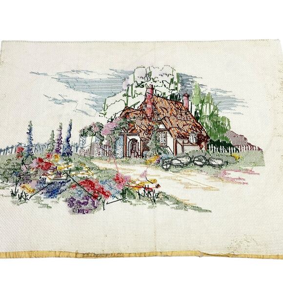 Vintage Handmade Cross Stitch Cottage Landscape Scene 18"x14" Unframed - Picture 8 of 10